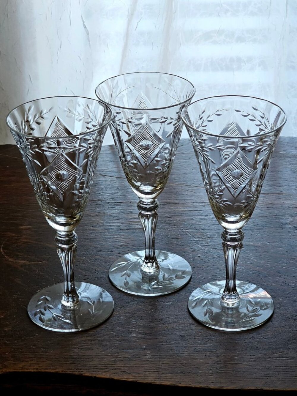 3 Vintage Tiffin Franciscan Etched Crystal Stemware, Floral Daisy Leaf Pattern